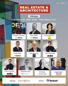Cartel de presentación de la Jornada "Real Estate & Architecture" organizada por Grupo Vía en Málaga con la participación de mlkt arquitectos.
