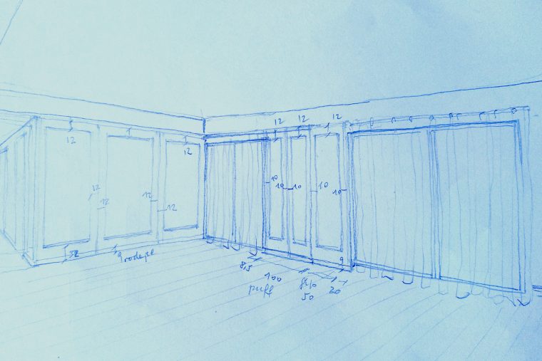 Croquis dibujado a mano para instalación de panelado de madera realizado artesanalmente por carpintero local