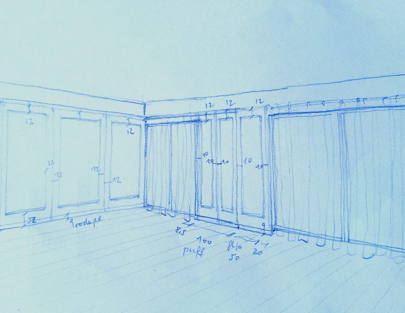 Croquis dibujado a mano para instalación de panelado de madera realizado artesanalmente por carpintero local