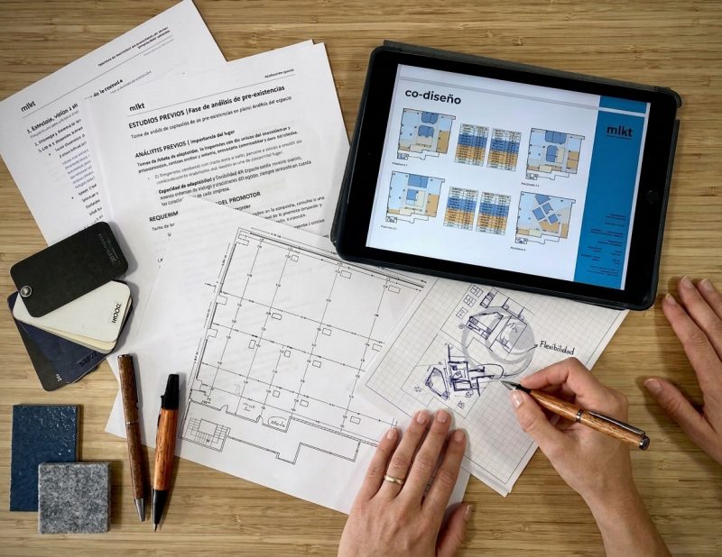 Vista cenital de arquitectos del estudio MLKT trabajando sobre planos de oficinas, bocetos de distribución y muestras de materiales. Representa el proceso estratégico de co-diseño colaborativo junto a promotores para crear espacios de trabajo eficientes, flexibles y adaptados.